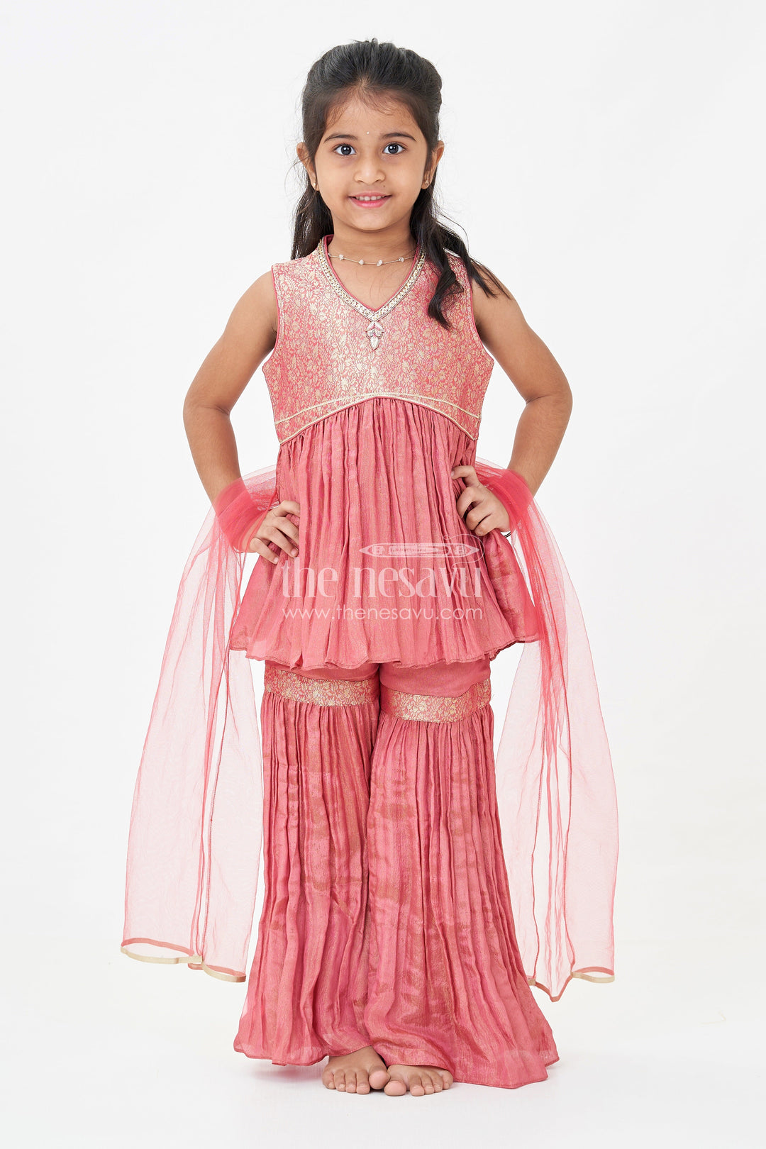 The Nesavu Girls Sharara / Plazo Set Pink Colour Sharara Set for Girls in Organza with Brocade Top Dupatta and Flared Bottoms Nesavu Pink Colour Sharara Set Girls Organza Embroidered Top Flared Palazzo Pants | The Nesavu