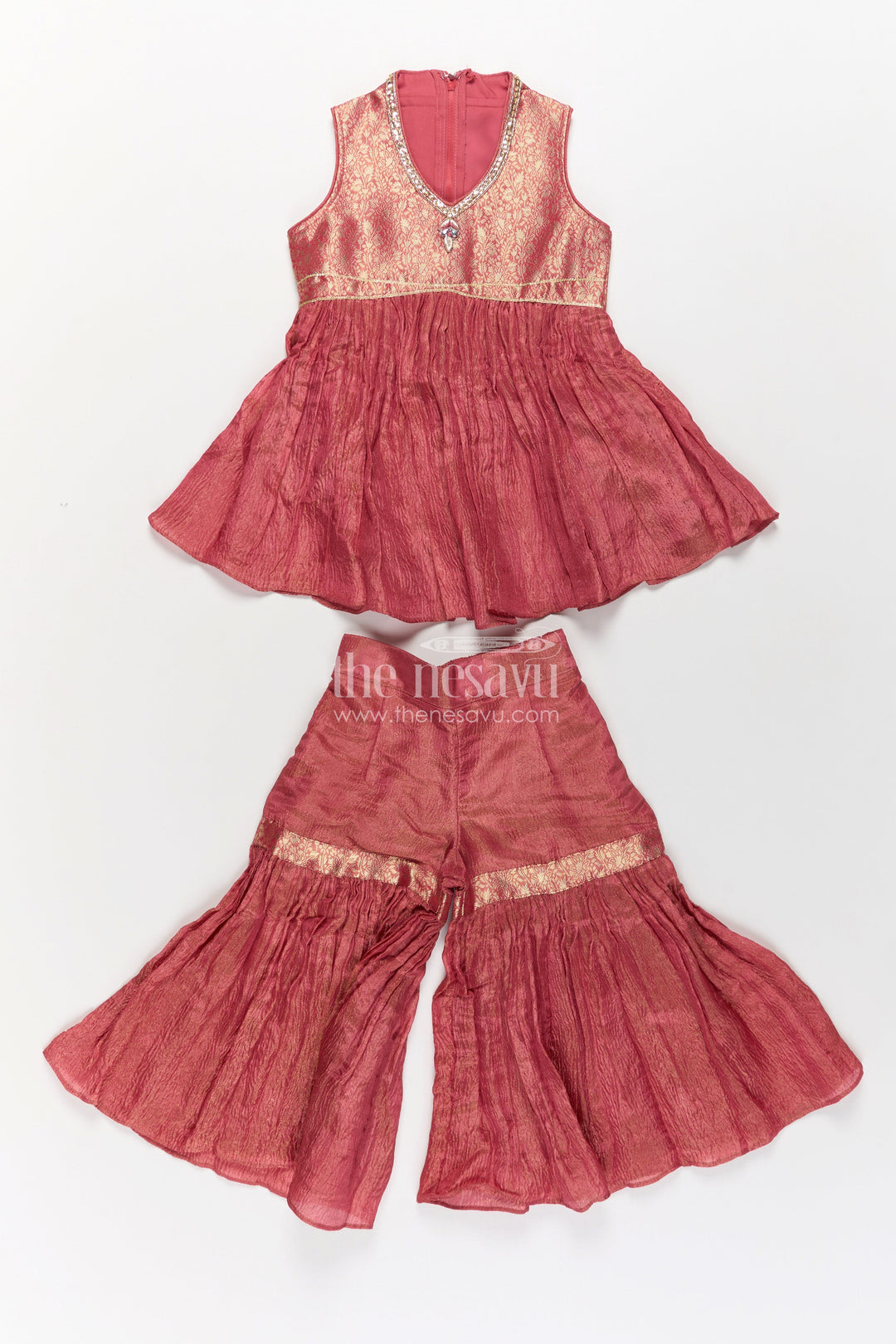 The Nesavu Girls Sharara / Plazo Set Pink Colour Sharara Set for Girls in Organza with Brocade Top Dupatta and Flared Bottoms Nesavu Pink Colour Sharara Set Girls Organza Embroidered Top Flared Palazzo Pants | The Nesavu
