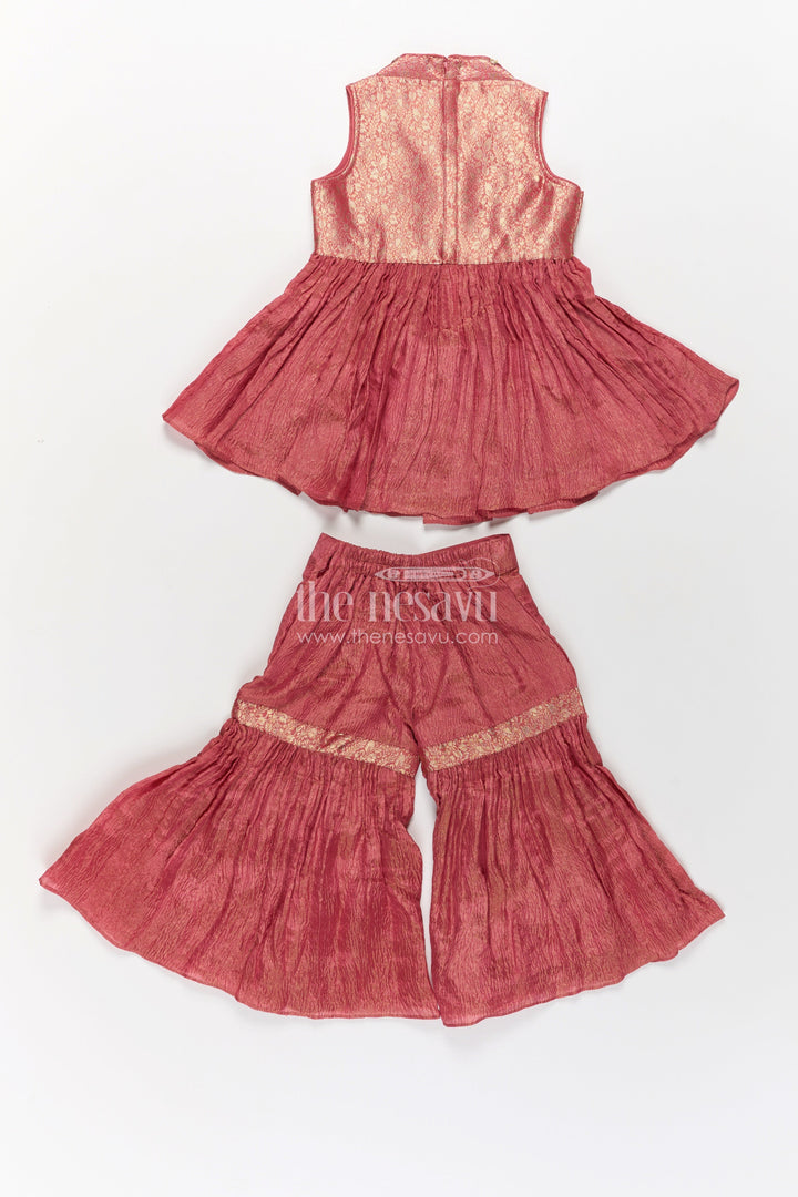 The Nesavu Girls Sharara / Plazo Set Pink Colour Sharara Set for Girls in Organza with Brocade Top Dupatta and Flared Bottoms Nesavu Pink Colour Sharara Set Girls Organza Embroidered Top Flared Palazzo Pants | The Nesavu