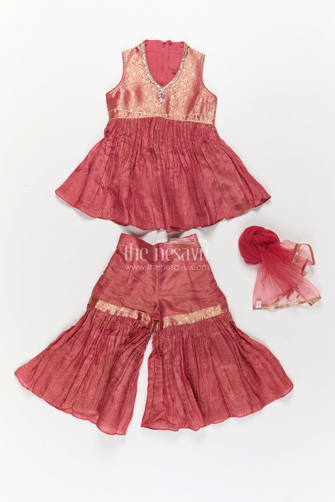 The Nesavu Girls Sharara / Plazo Set Pink Colour Sharara Set for Girls in Organza with Brocade Top Dupatta and Flared Bottoms Nesavu Pink Colour Sharara Set Girls Organza Embroidered Top Flared Palazzo Pants | The Nesavu