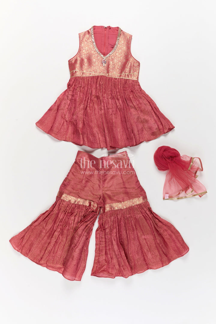The Nesavu Girls Sharara / Plazo Set Pink Colour Sharara Set for Girls in Organza with Brocade Top Dupatta and Flared Bottoms Nesavu Pink Colour Sharara Set Girls Organza Embroidered Top Flared Palazzo Pants | The Nesavu
