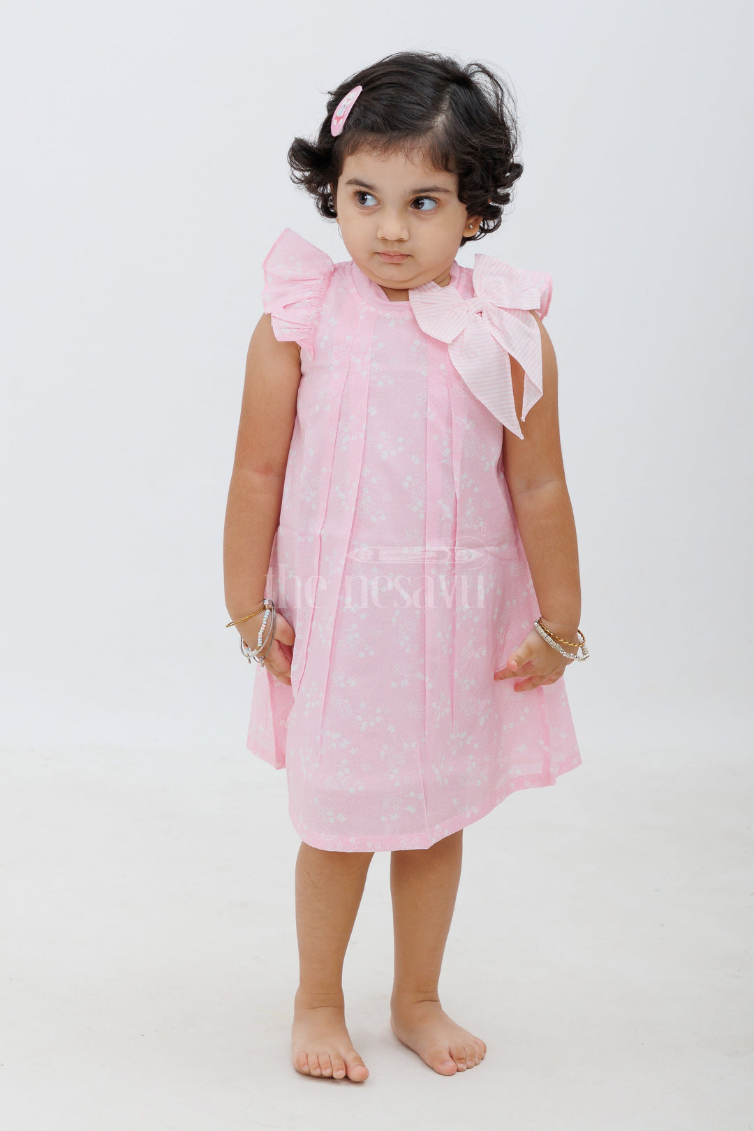 The Nesavu Baby Cotton Frocks Pink Cotton Frock with White Motif and Ruffle Sleeves Nesavu 16 (1Y) / Pink BFJ587B-16 Pink Cotton Frock with White Motif and Ruffle Sleeves - Nesavu