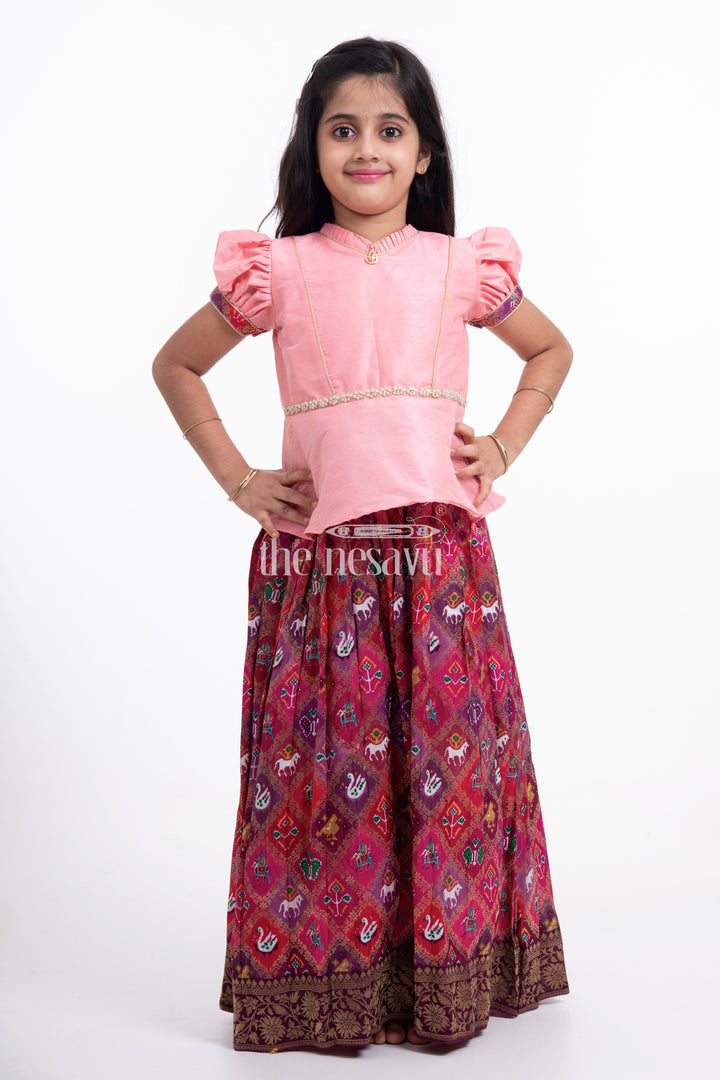 The Nesavu Pattu Pavadai Pink Designer Printed Silk Pattu Pavadai for Girls Nesavu Pink Designer Printed Viscose Silk Pattu Pavadai for Girls - Elegant & Festive | The Nesavu