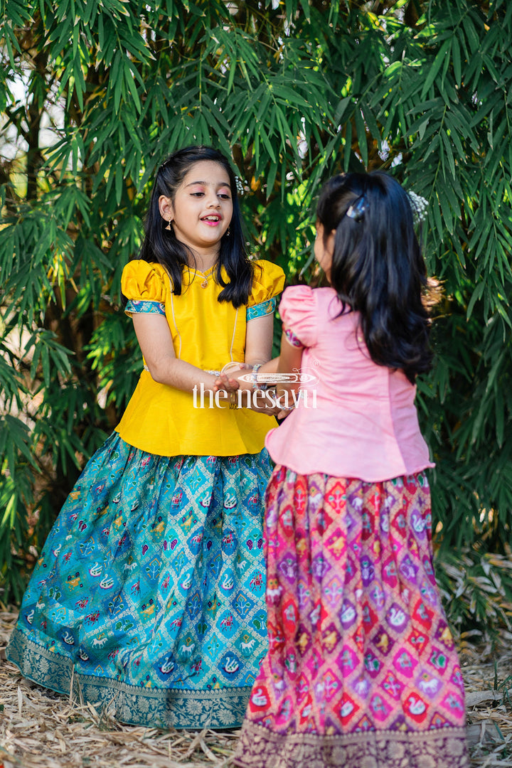 The Nesavu Pattu Pavadai Pink Designer Printed Silk Pattu Pavadai for Girls Nesavu Pink Designer Printed Viscose Silk Pattu Pavadai for Girls - Elegant & Festive | The Nesavu