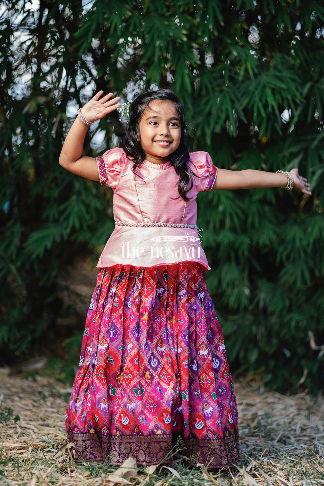 The Nesavu Pattu Pavadai Pink Designer Printed Silk Pattu Pavadai for Girls Nesavu Pink Designer Printed Viscose Silk Pattu Pavadai for Girls - Elegant & Festive | The Nesavu