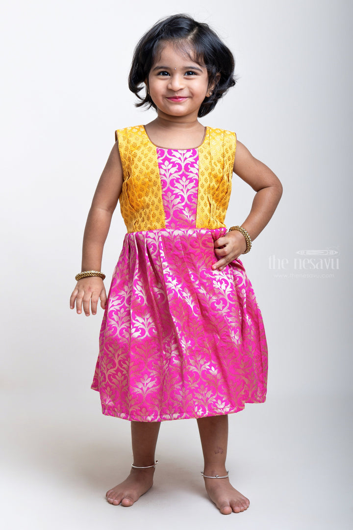 The Nesavu Silk Frock Pink Designer Semi-Silk with Yellow Pleated Yoke Design Frock For Girls Nesavu 16 (1Y) / Pink / Silk Blend SF517F Stylish Pleated Semi-Silk Frocks for Girls | Premium Silk Frocks | The Nesavu