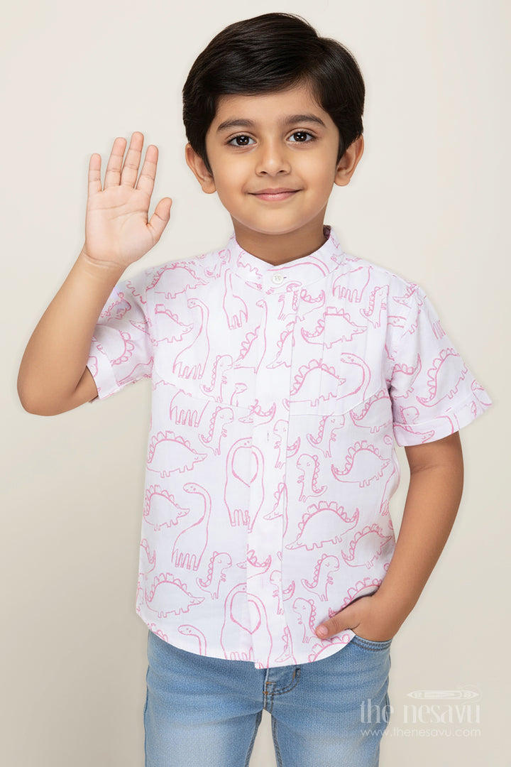 The Nesavu Boys Cotton Shirt Pink Dinosaur Print Boys Shirt in Soft Muslin Cotton Birthday Special Nesavu 16 (1Y) / Pink BS271A-16 Nesavu Boys Soft Cotton Birthday Shirt Pink Dinosaur Prints Comfortable Fit Kids
