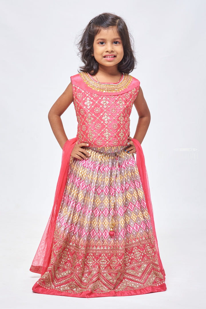 The Nesavu Girls Lehenga Choli Pink Elegance: Sequin & Zari Adorned Top with Patola Designer Pink Lehenga and Dupatta Set for Girls Nesavu 18 (2Y) / Pink / Chinnon GL368A-18 Girls Party Wear Lehenga | Premium Kids Lehenga Choli with Dupatta | The Nesavu