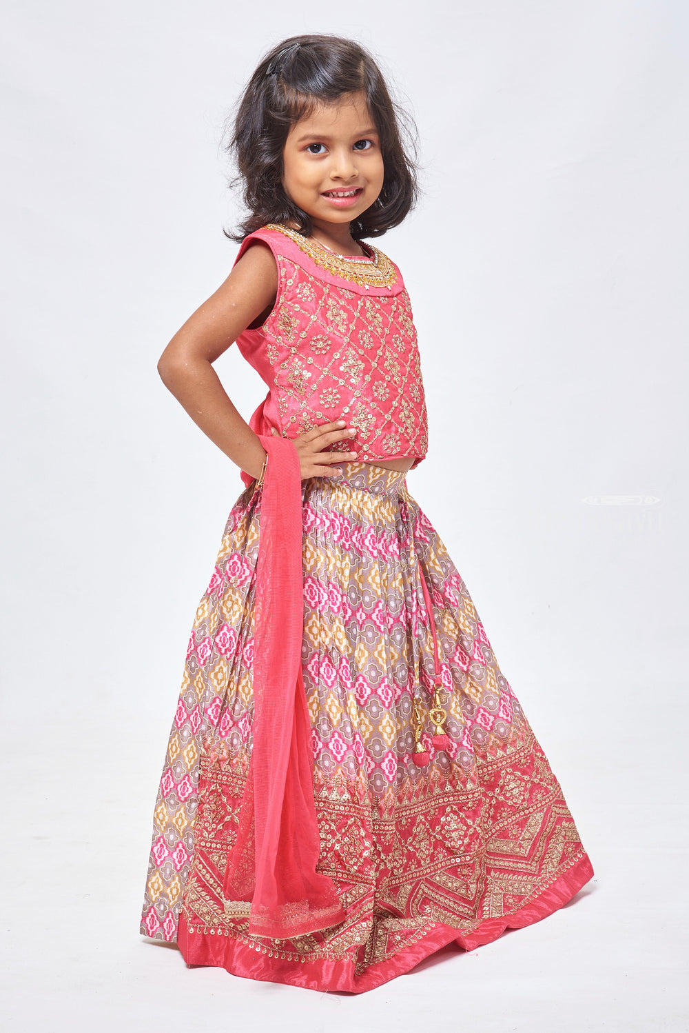 The Nesavu Girls Lehenga Choli Pink Elegance: Sequin & Zari Adorned Top with Patola Designer Pink Lehenga and Dupatta Set for Girls Nesavu Girls Party Wear Lehenga | Premium Kids Lehenga Choli with Dupatta | The Nesavu