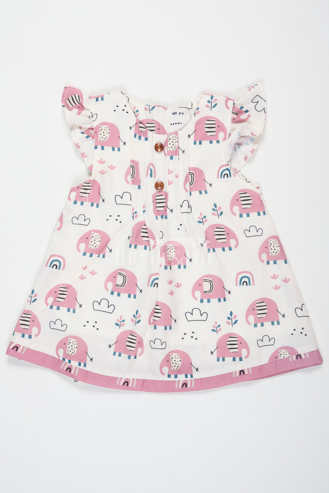 The Nesavu Baby Cotton Frocks Pink Elephant Print Baby Cotton Frock with Wooden Buttons and Ruffled Sleeves for Girls Nesavu 14 (6M) / multicolor BFJ665B-14 Nesavu Pink Elephant Print Baby Cotton Frock Ruffled Sleeves Playtime Fun