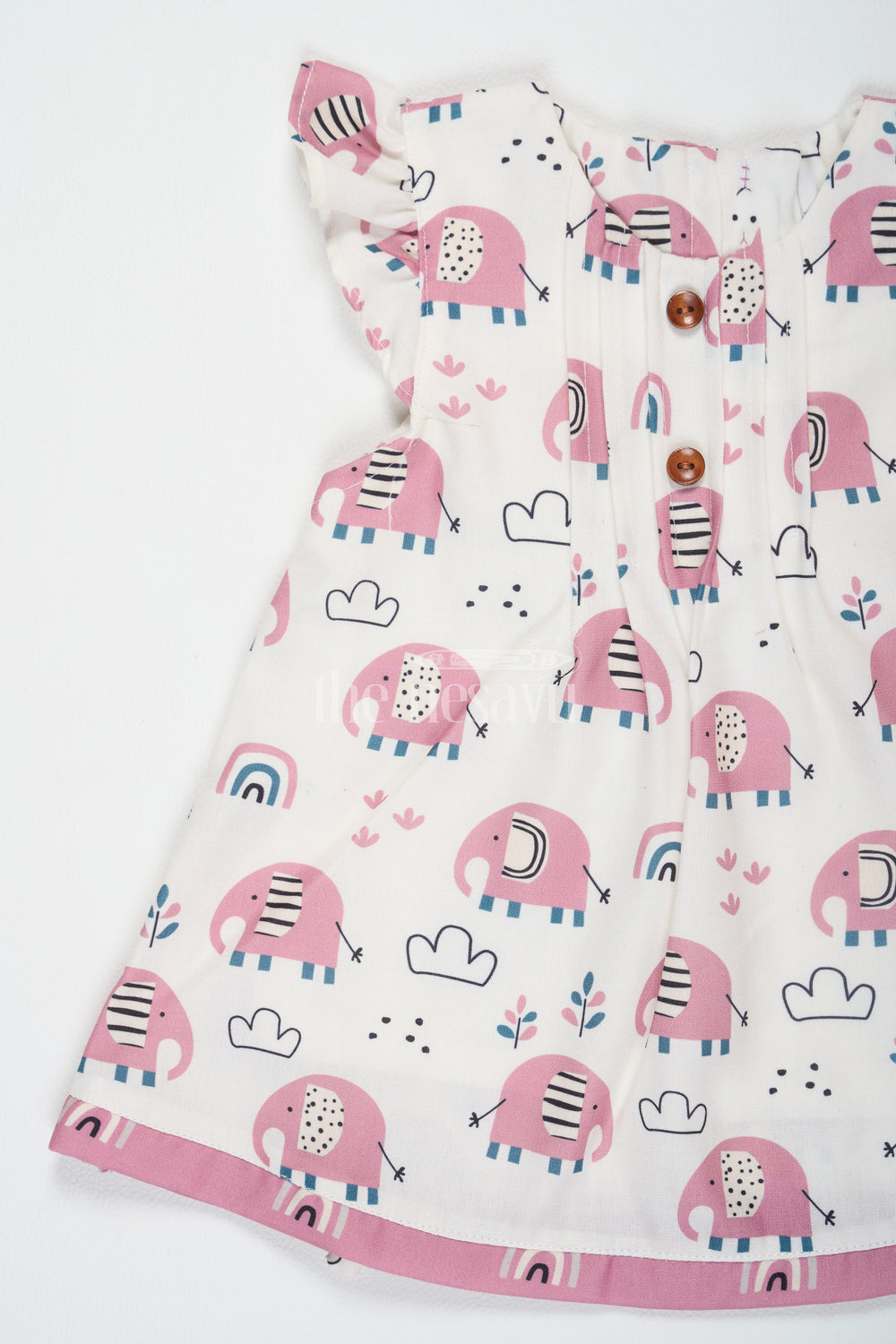 The Nesavu Baby Cotton Frocks Pink Elephant Print Baby Cotton Frock with Wooden Buttons and Ruffled Sleeves for Girls Nesavu Nesavu Pink Elephant Print Baby Cotton Frock Ruffled Sleeves Playtime Fun