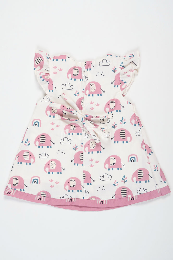 The Nesavu Baby Cotton Frocks Pink Elephant Print Baby Cotton Frock with Wooden Buttons and Ruffled Sleeves for Girls Nesavu Nesavu Pink Elephant Print Baby Cotton Frock Ruffled Sleeves Playtime Fun