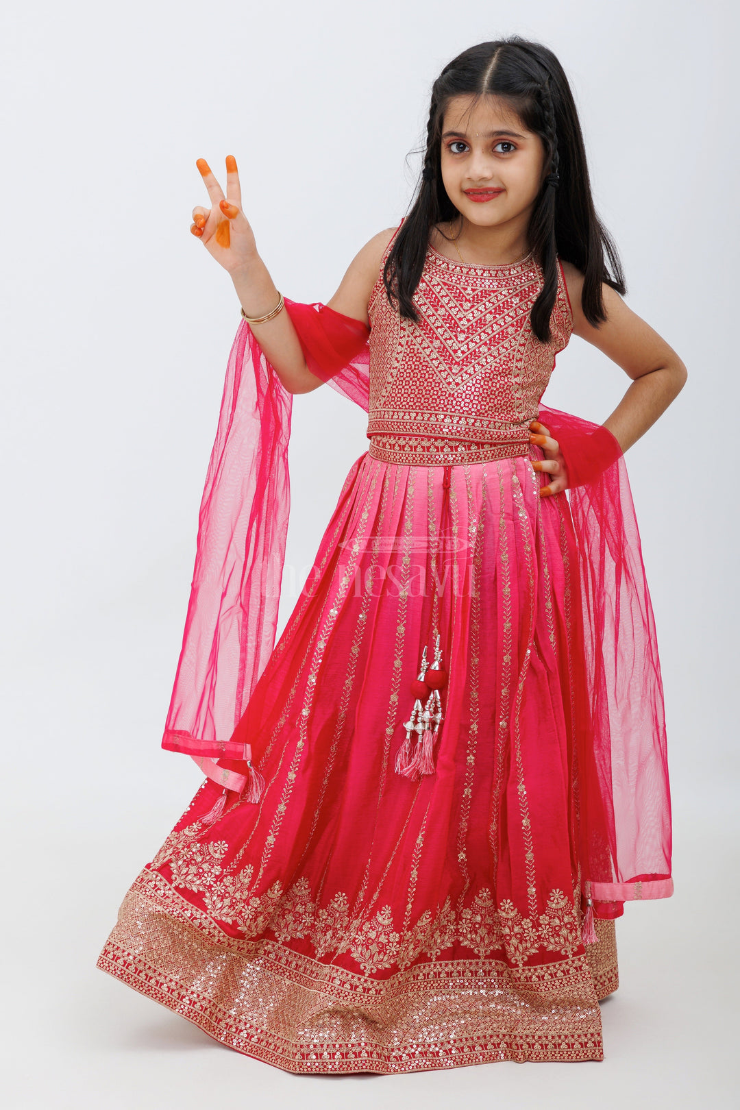 The Nesavu Girls Lehenga Choli Pink Embroidered Chinon Silk Lehenga Choli for Girls Nesavu 18 (2Y) / Pink GL470A-18 Pink Embroidered Chinon Silk Lehenga Choli for Girls - Nesavu