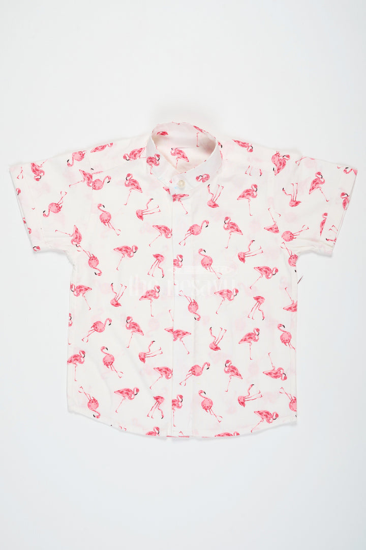 The Nesavu Boys Cotton Shirt Pink Flamingo Print Boys Cotton Shirt with Half Sleeves Stylish and Comfortable Fit Nesavu 16 (1Y) / Pink BS197A-16 Pink Flamingo Print Boys Cotton Shirt Nesavu Trendy Half Sleeves Comfortable Wear Casual Outings