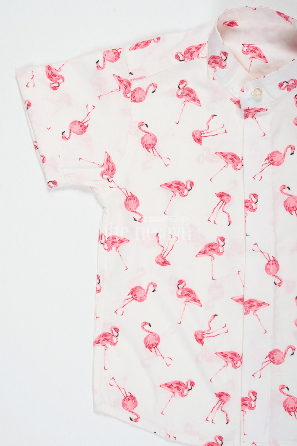 The Nesavu Boys Cotton Shirt Pink Flamingo Print Boys Cotton Shirt with Half Sleeves Stylish and Comfortable Fit Nesavu Pink Flamingo Print Boys Cotton Shirt Nesavu Trendy Half Sleeves Comfortable Wear Casual Outings