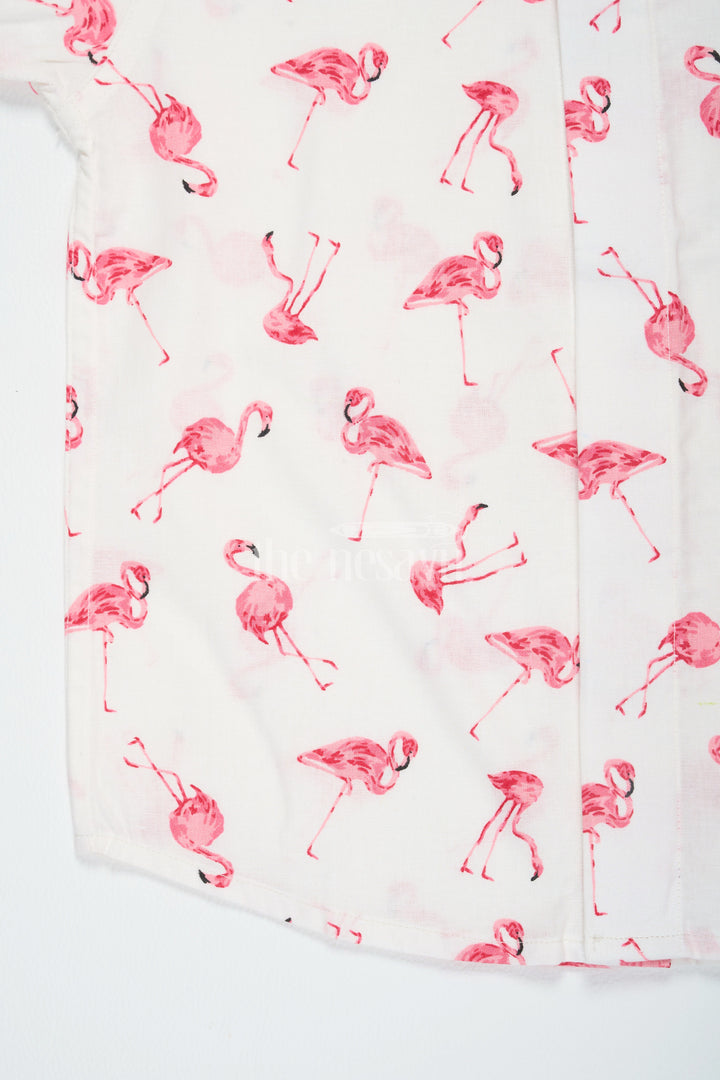 The Nesavu Boys Cotton Shirt Pink Flamingo Print Boys Cotton Shirt with Half Sleeves Stylish and Comfortable Fit Nesavu Pink Flamingo Print Boys Cotton Shirt Nesavu Trendy Half Sleeves Comfortable Wear Casual Outings