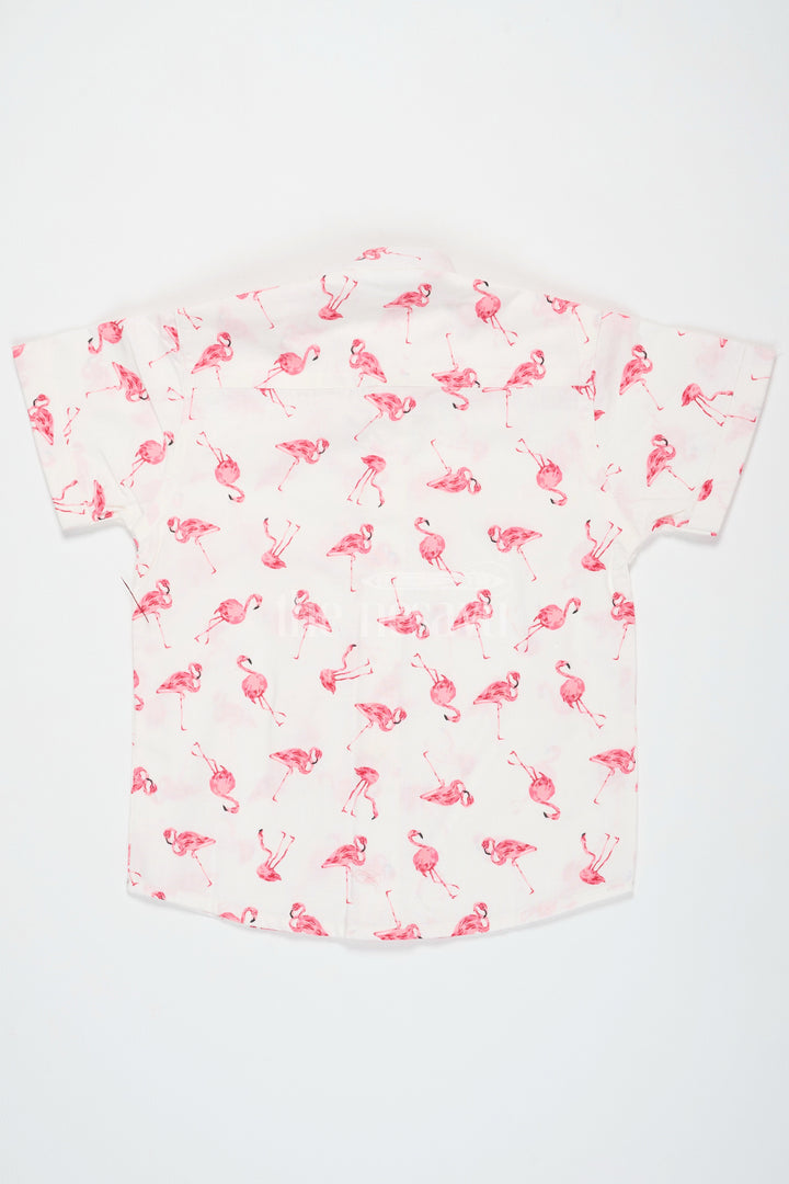 The Nesavu Boys Cotton Shirt Pink Flamingo Print Boys Cotton Shirt with Half Sleeves Stylish and Comfortable Fit Nesavu Pink Flamingo Print Boys Cotton Shirt Nesavu Trendy Half Sleeves Comfortable Wear Casual Outings