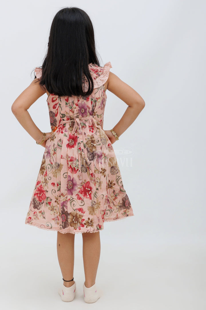 The Nesavu Girls Fancy Frock Pink Floral Cotton Frock with Smocked Neckline and Pockets Nesavu Pink Floral Cotton Frock with Smocked Neckline - Nesavu