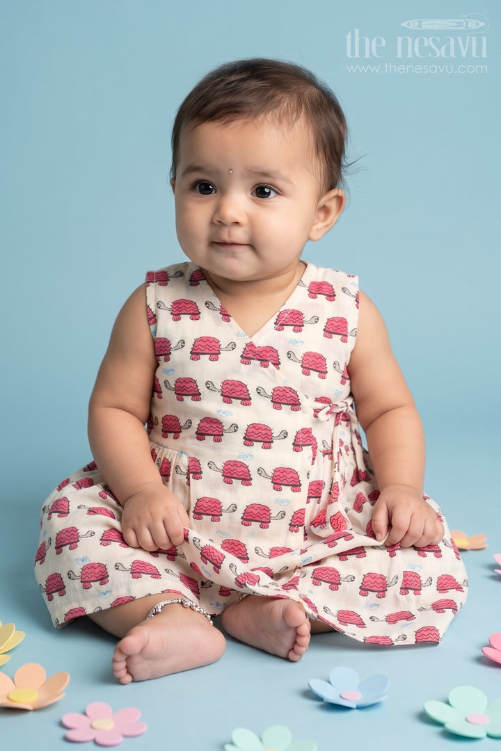 The Nesavu Baby Cotton Frocks Pink Floral Cotton Frock with Tortoise Print for Babies Comfortable and Adorable Design Nesavu 10 (NB) / Pink BFJ686A-10 Nesavu Pink Floral Cotton Baby Frock Tortoise Print Comfortable Cute Outfit