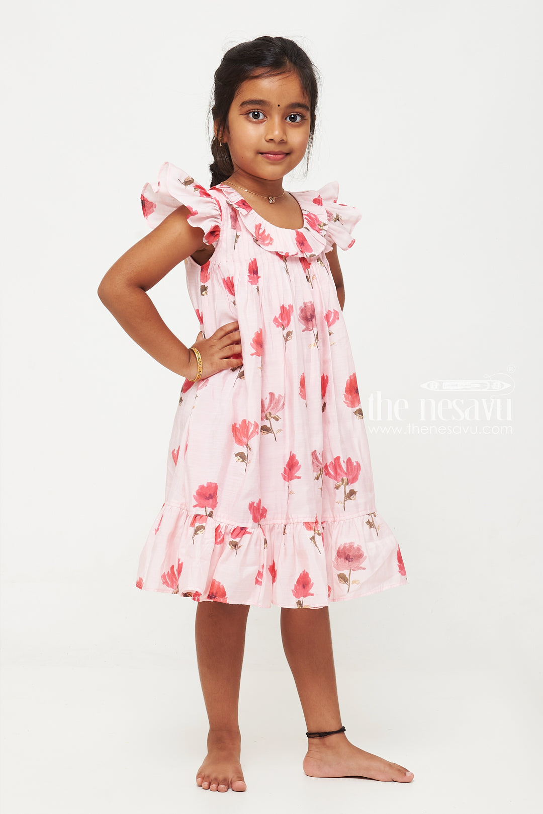 The Nesavu Girls Chanderi Frock Pink Floral Designer Printed Chanderi Pleated Frock for Girls Nesavu Pink Floral Chanderi Pleated Frock for Girls - Elegant & Floral | The Nesavu