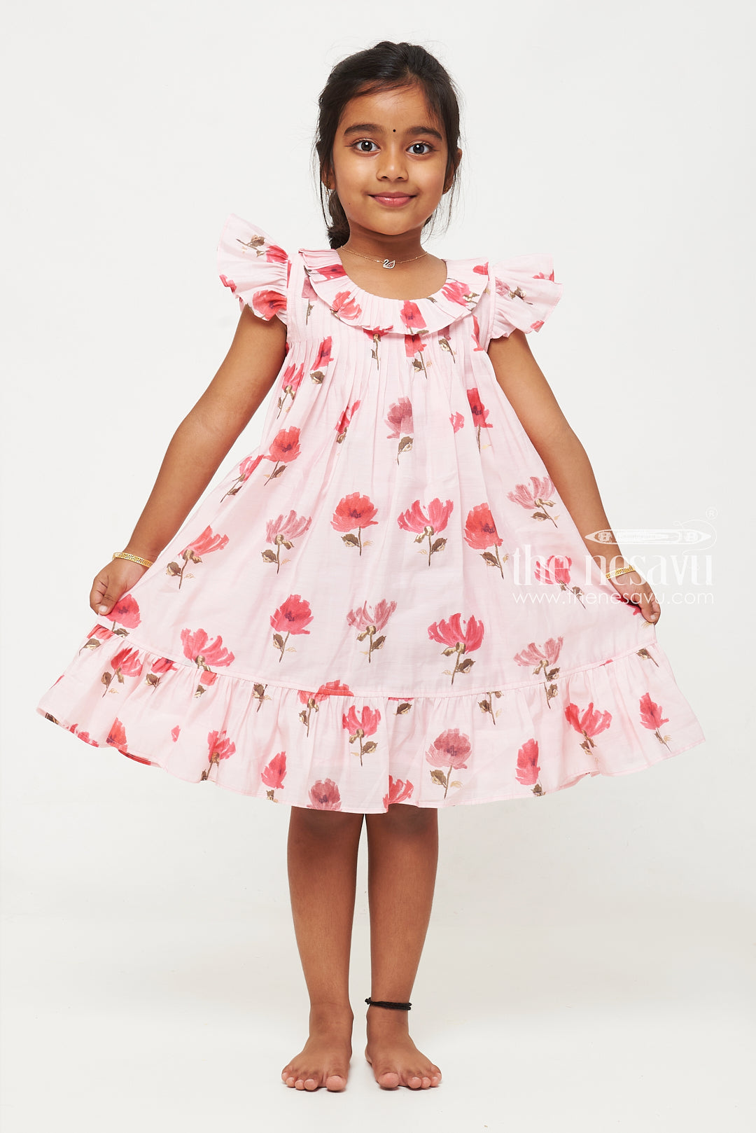 The Nesavu Girls Fancy Frock Pink Floral Designer Printed Chanderi Pleated Frock for Girls Nesavu Pink Floral Chanderi Pleated Frock for Girls - Elegant & Floral