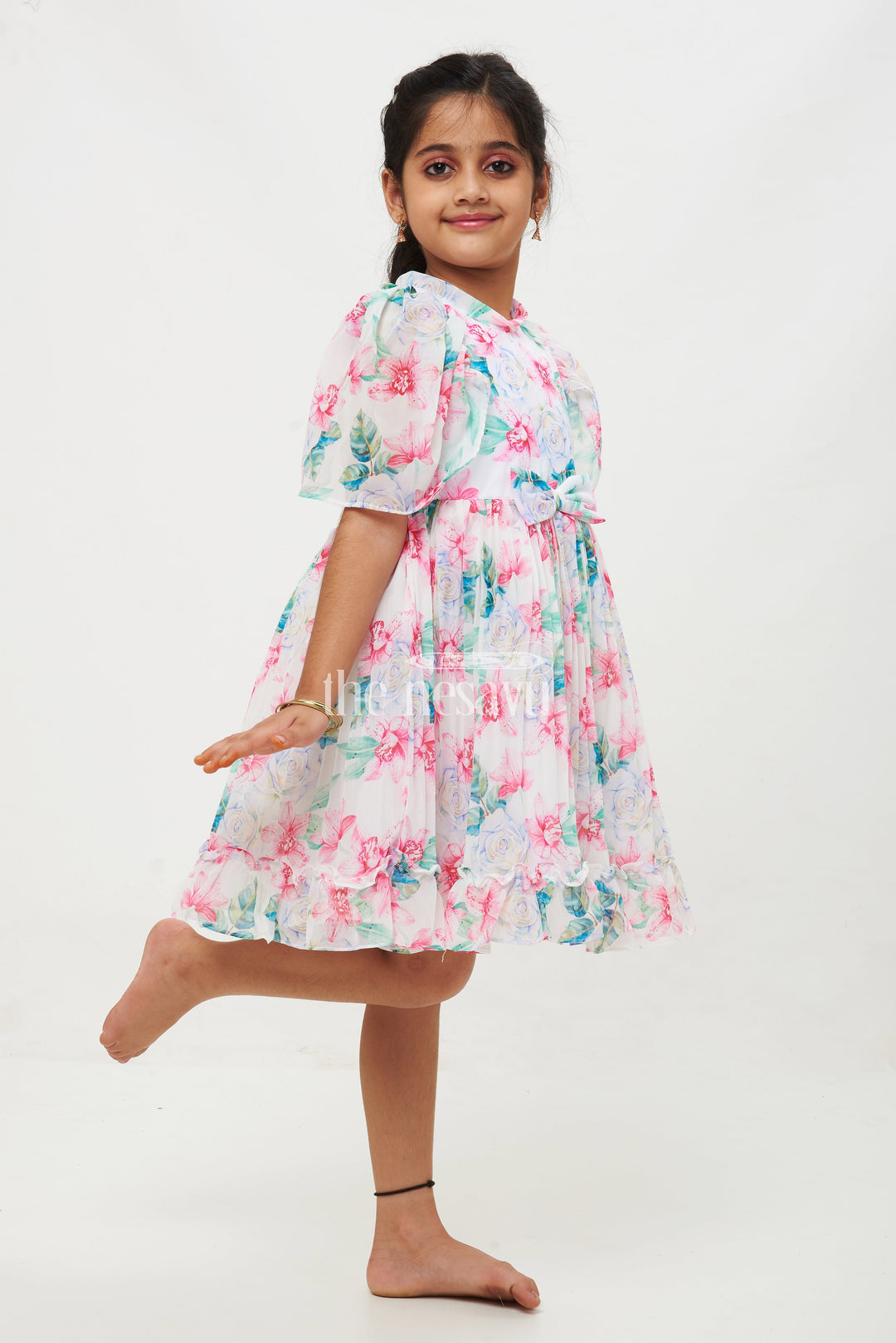 The Nesavu Girls Fancy Frock Pink Floral Georgette Printed Frock with Pleated Skirt and Puff Sleeves for Girls Nesavu 18 (2Y) / Pink GFC1349A-18