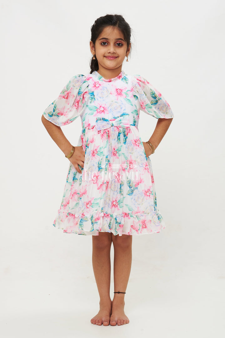 The Nesavu Girls Fancy Frock Pink Floral Georgette Printed Frock with Pleated Skirt and Puff Sleeves for Girls Nesavu