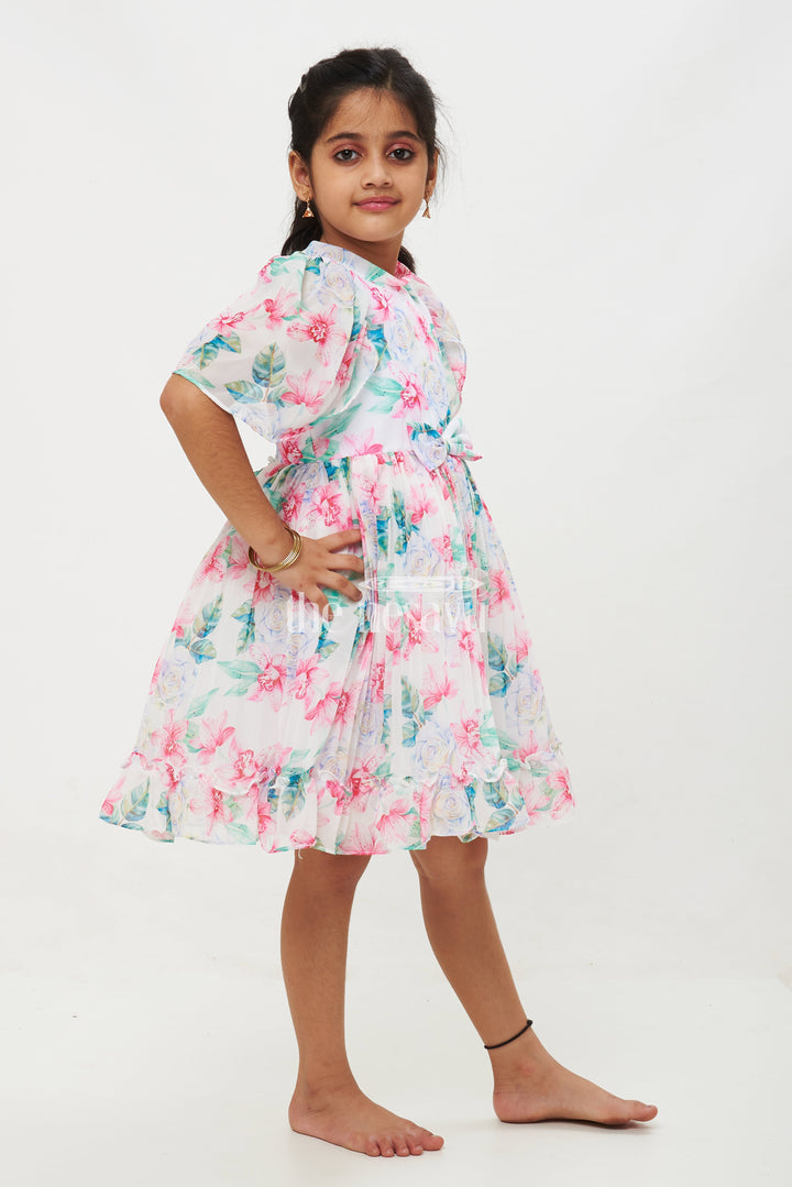 The Nesavu Girls Fancy Frock Pink Floral Georgette Printed Frock with Pleated Skirt and Puff Sleeves for Girls Nesavu