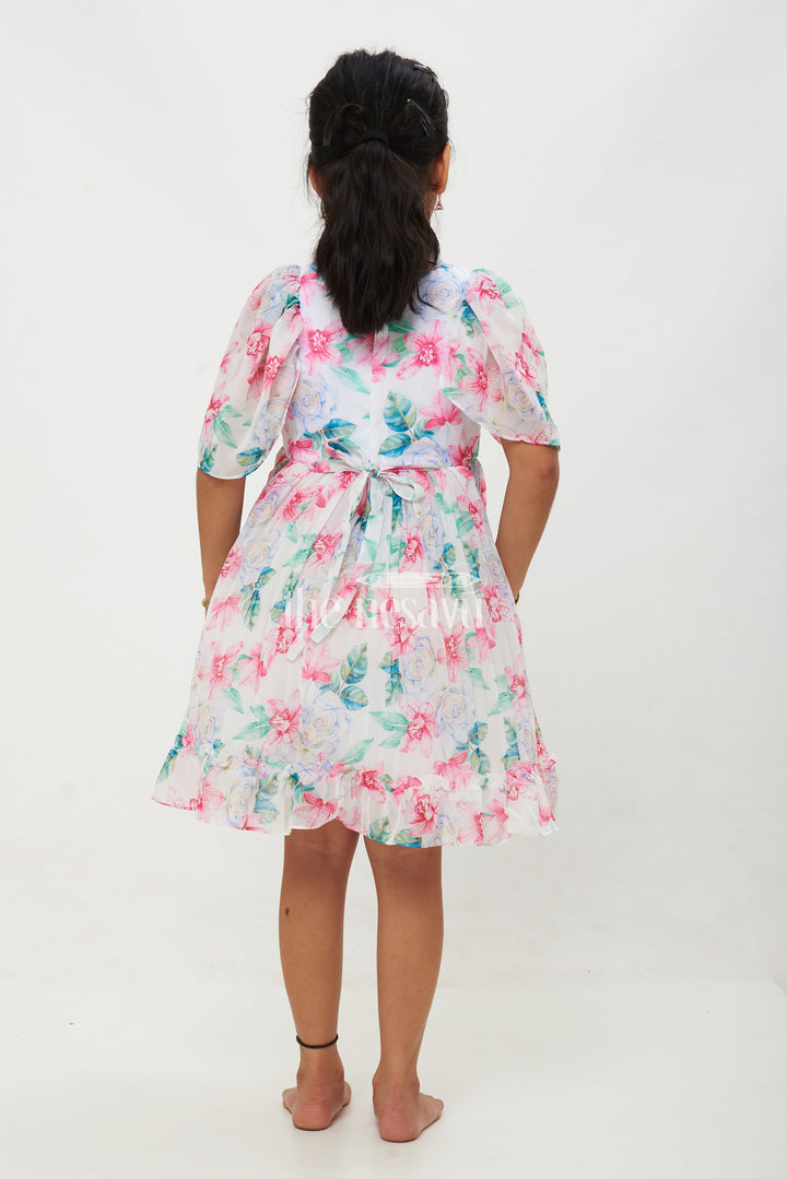 The Nesavu Girls Fancy Frock Pink Floral Georgette Printed Frock with Pleated Skirt and Puff Sleeves for Girls Nesavu