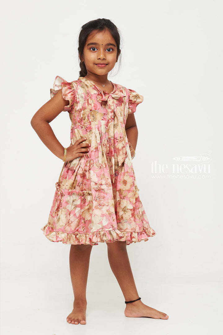 The Nesavu Girls Cotton Frock Pink Floral Girls' Cotton Summer Dress with Flutter Sleeves Nesavu Nesavu Pink Floral Cotton Summer Dress for Girls with Flutter Sleeves