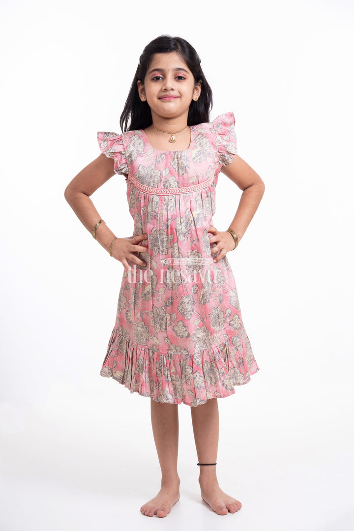 The Nesavu Girls Cotton Frock Pink Floral Printed Cotton Frock for Girls Nesavu Pink Floral Printed Cotton Frock for Girls - Comfortable & Stylish