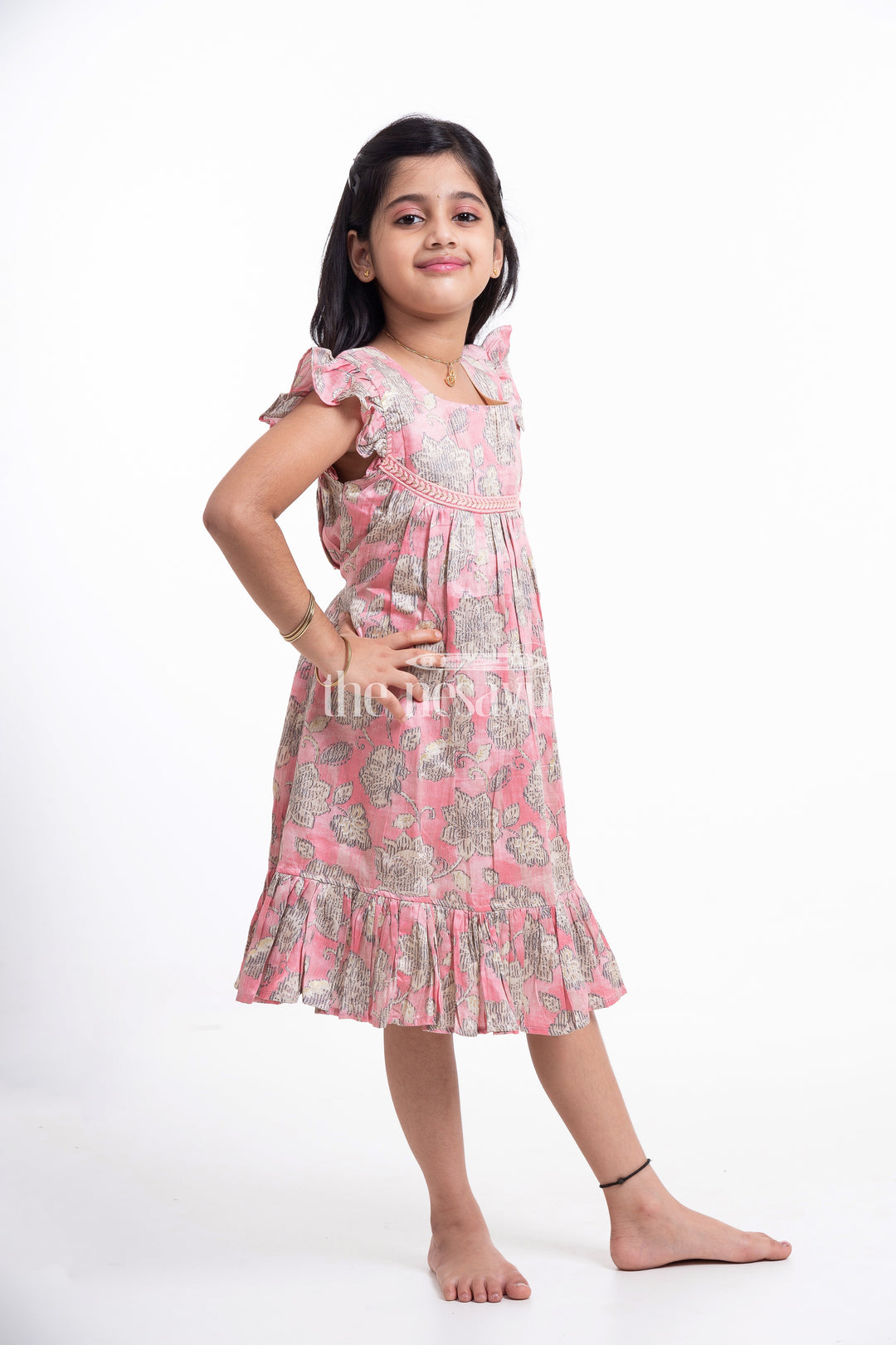 The Nesavu Girls Cotton Frock Pink Floral Printed Cotton Frock for Girls Nesavu Pink Floral Printed Cotton Frock for Girls - Comfortable & Stylish | The Nesavu