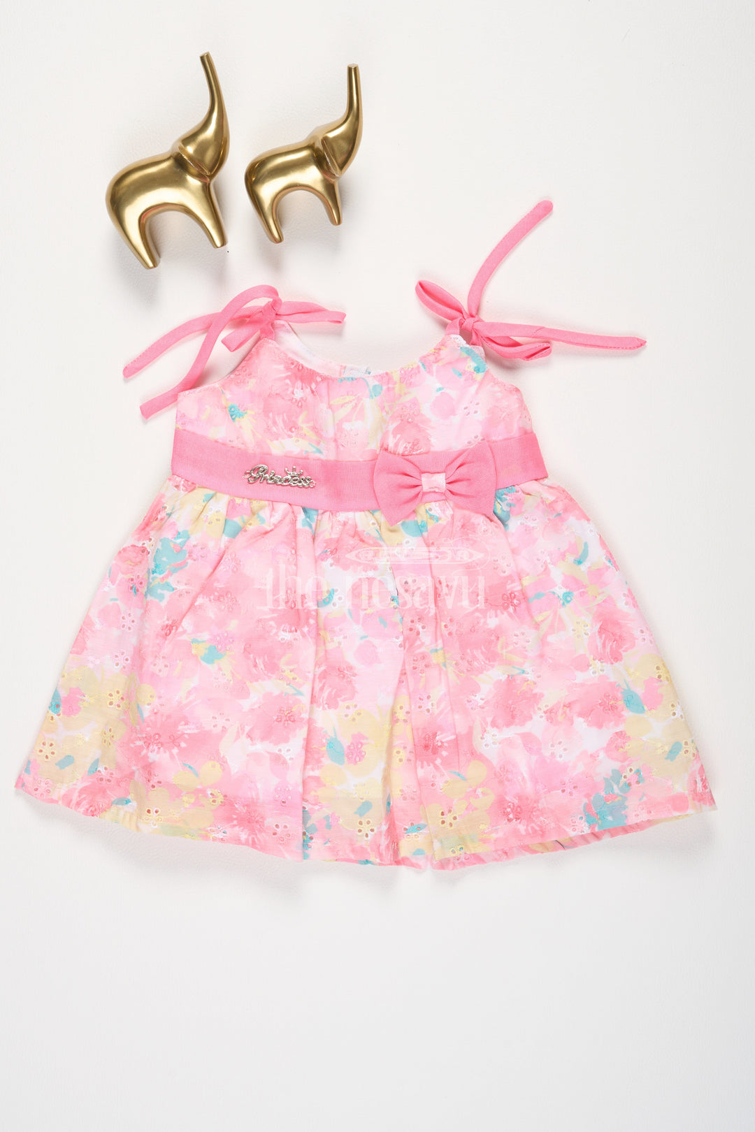 The Nesavu Tie-up Frock Pink Floral Shiffley TieUp Frock with Waist Bow Accent for Baby Girls Nesavu 14 (6M) / Pink BFJ631C-14 Pink Floral Shiffley Tie-Up Frock with Waist Bow Accent for Baby Girls Nesavu