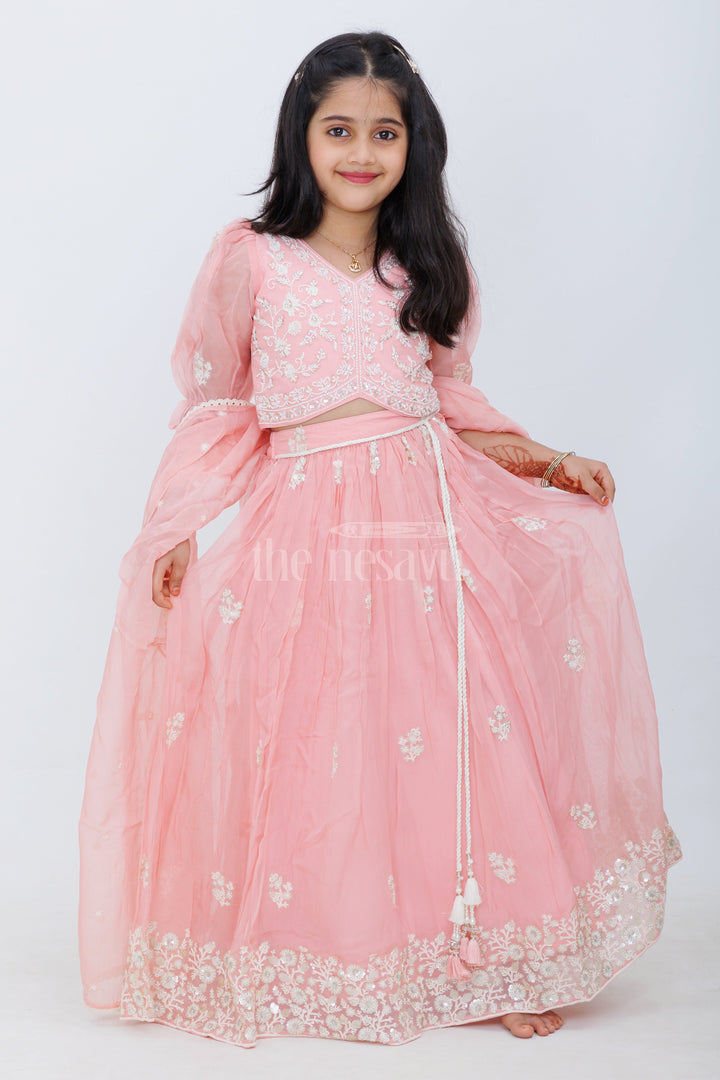 The Nesavu Girls Lehenga Choli Pink Georgette Girls Lehenga Choli with Floral Embroidery and Puff Sleeves for Festive Wear Nesavu 24 (5Y) / Pink GL510A-24 Nesavu Pink Georgette Girls Lehenga Choli Floral Embroidery Puff Sleeves Festive Occasions