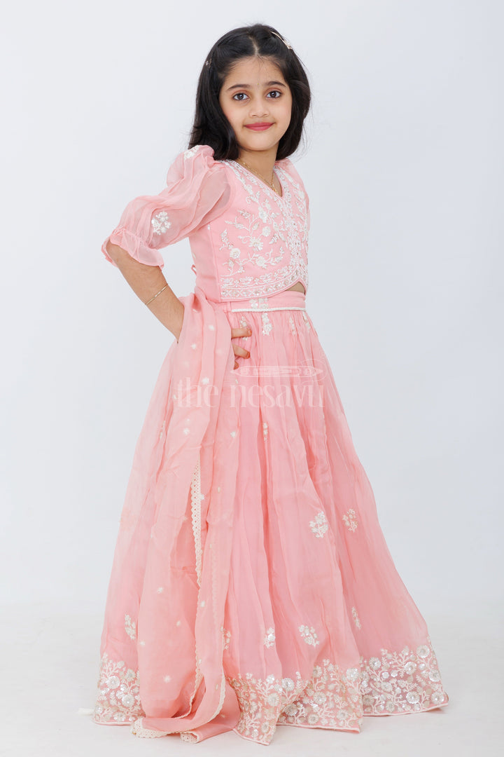 The Nesavu Girls Lehenga Choli Pink Georgette Girls Lehenga Choli with Floral Embroidery and Puff Sleeves for Festive Wear Nesavu Nesavu Pink Georgette Girls Lehenga Choli Floral Embroidery Puff Sleeves Festive Occasions