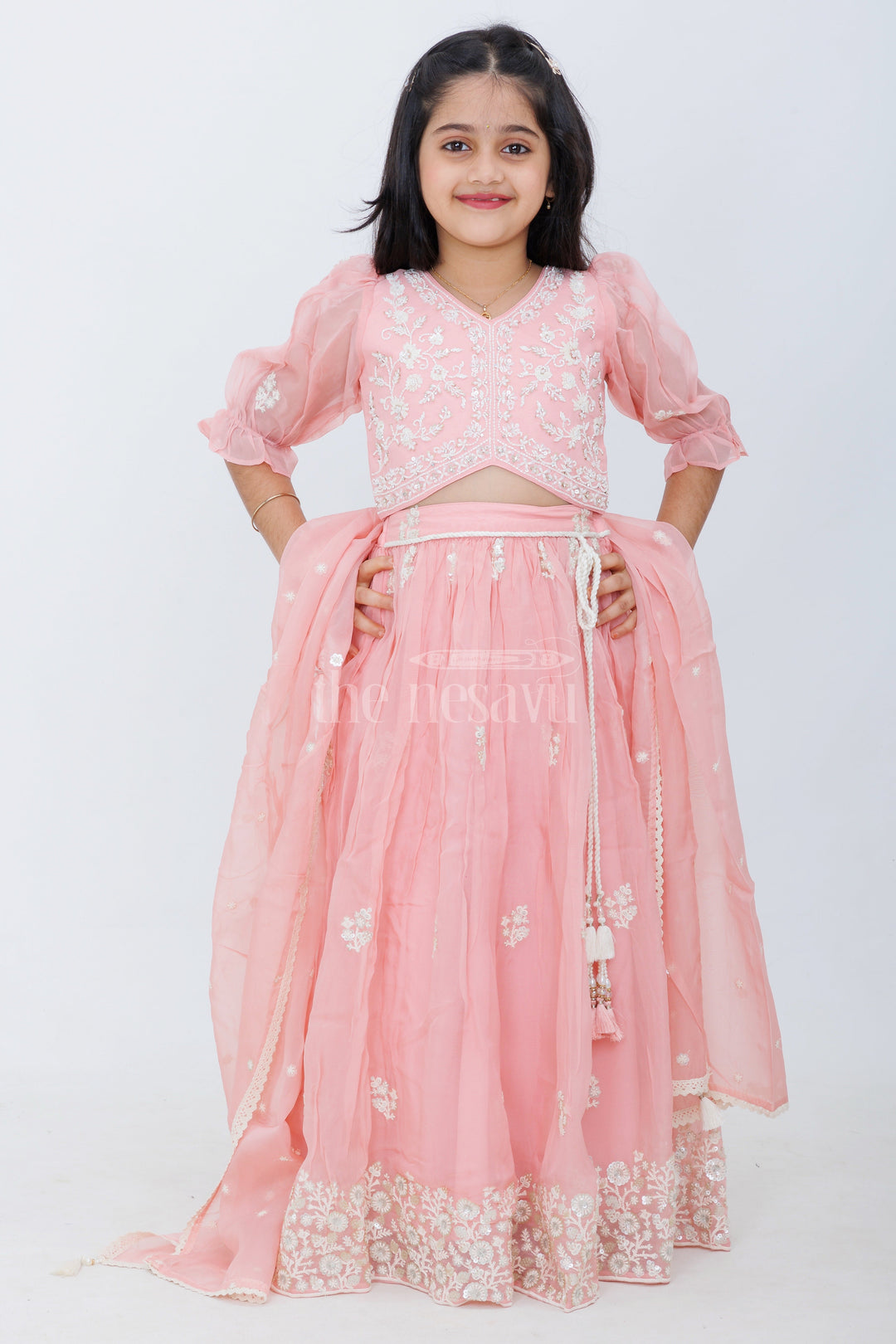 The Nesavu Girls Lehenga Choli Pink Georgette Girls Lehenga Choli with Floral Embroidery and Puff Sleeves for Festive Wear Nesavu Nesavu Pink Georgette Girls Lehenga Choli Floral Embroidery Puff Sleeves Festive Occasions