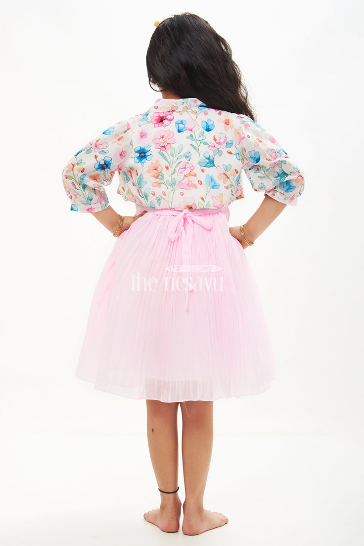 The Nesavu Girls Fancy Frock Pink Georgette Pleated Frock with Floral Jacket for Girls Nesavu