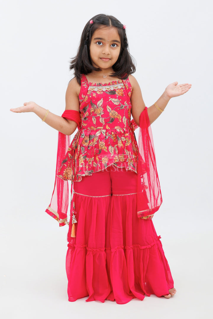 The Nesavu Girls Sharara / Plazo Set Pink Georgette Print Garara Set with Floral Embellishments Nesavu 16 (1Y) / Pink GPS372A-16 Pink Georgette Print Garara Set with Floral Embellishments - Nesavu