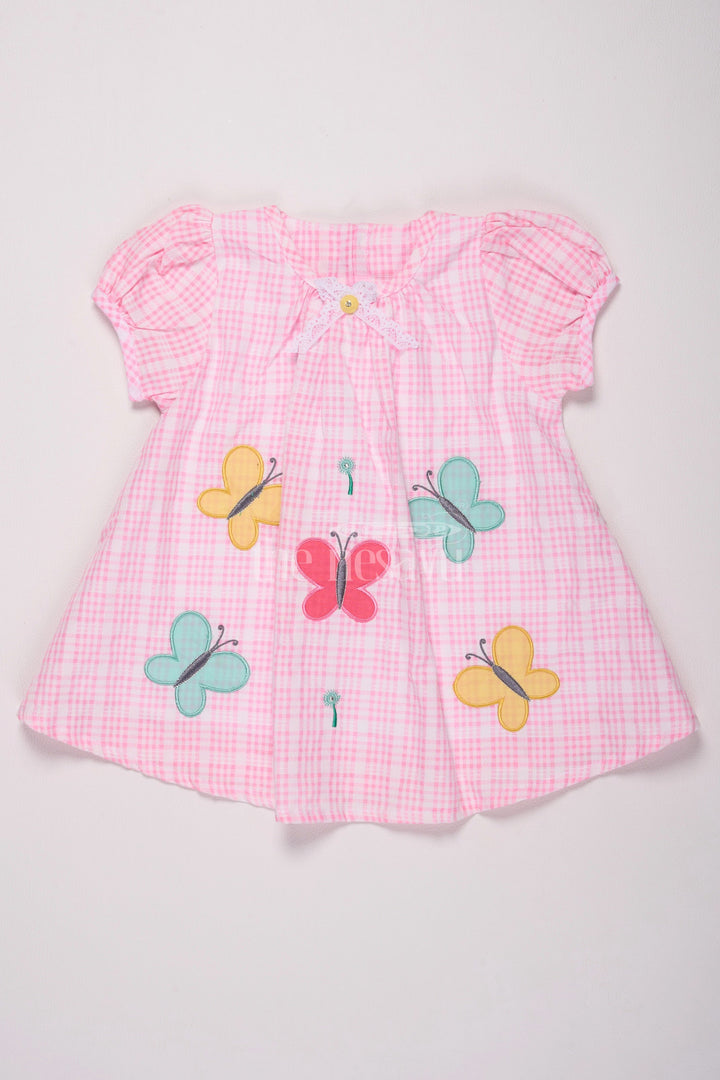 The Nesavu Baby Cotton Frocks Pink Gingham Baby Cotton Frock with Colorful Butterfly Appliqué and Puff Sleeves for Girls Nesavu 14 (6M) / Pink BFJ666B-14 Nesavu Pink Gingham Baby Cotton Frock Butterfly Appliqu Puff Sleeves Summer Outings