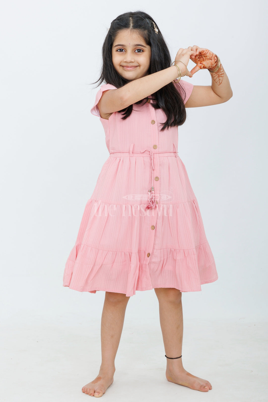 The Nesavu Girls Cotton Frock Pink Gingham Cotton Dress with Flutter Sleeves and Tassel Belt for Girls Daily Wear Nesavu 20 (3Y) / Pink GFC1419A-20 Nesavu Pink Gingham Cotton Shirt Dress Tassel Belt Butterfly Motif Girls Casual Wear