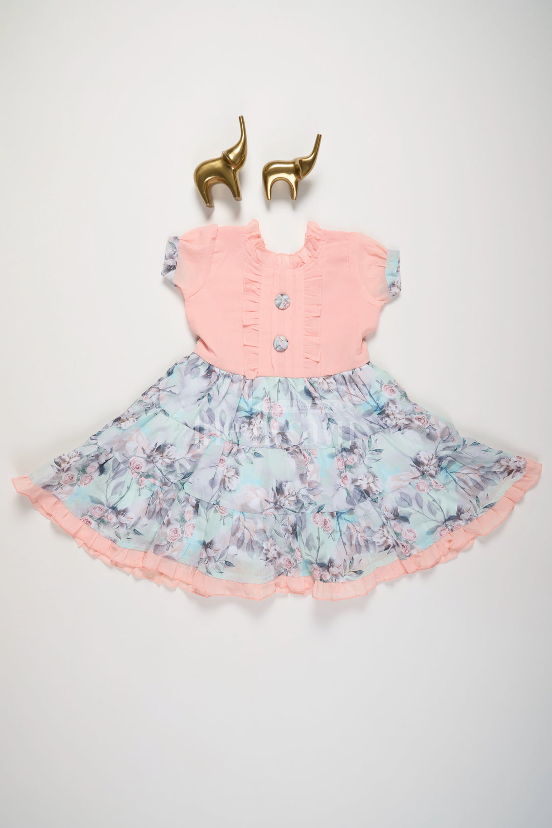 The Nesavu Girls Cotton Frock Pink Girls Cotton Frock with Floral Print and Tiered Georgette Skirt Nesavu 20 (3Y) / Pink GFC1434A-20 Nesavu Pink Girls Floral Cotton Frock Tiered Georgette Skirt Front Pleats