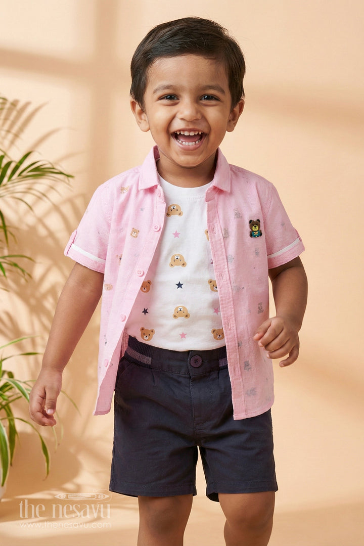 The Nesavu Boys Casual Set Pink Half Sleeve Shirt and Navy Shorts Set for Boys Nesavu 16 (1Y) / Pink BCS107B-16 Pink Half Sleeve Shirt and Navy Shorts Set for Boys - Nesavu