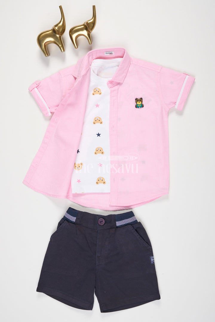 The Nesavu Boys Casual Set Pink Half Sleeve Shirt and Navy Shorts Set for Boys Nesavu 16 (1Y) / Pink BCS107B-16 Pink Half Sleeve Shirt and Navy Shorts Set for Boys - Nesavu