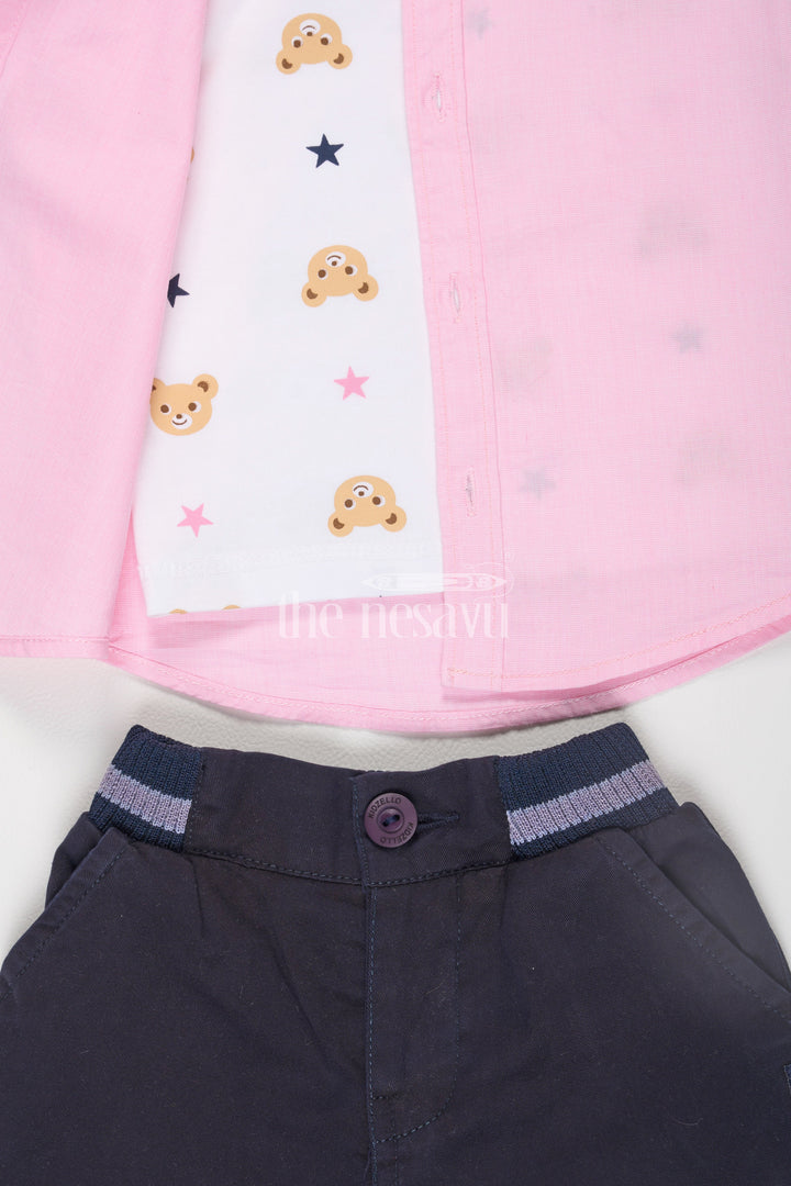 The Nesavu Boys Casual Set Pink Half Sleeve Shirt and Navy Shorts Set for Boys Nesavu Pink Half Sleeve Shirt and Navy Shorts Set for Boys - Nesavu