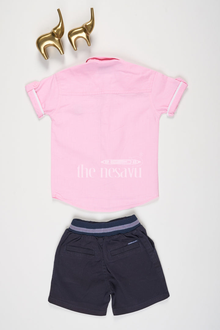 The Nesavu Boys Casual Set Pink Half Sleeve Shirt and Navy Shorts Set for Boys Nesavu Pink Half Sleeve Shirt and Navy Shorts Set for Boys - Nesavu