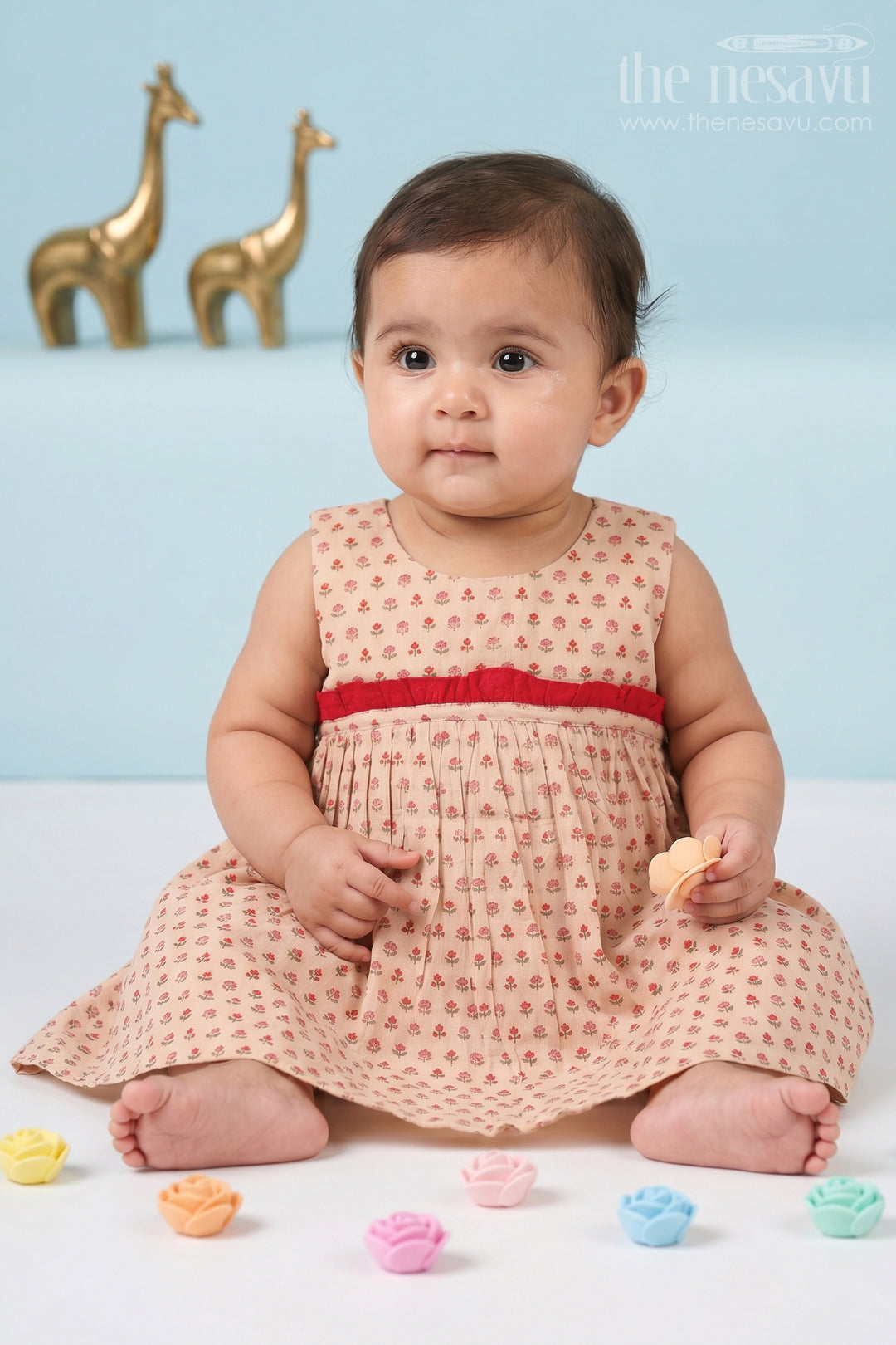 The Nesavu Baby Cotton Frocks Pink Monochrome Cotton Baby Frock with Mughal Motif Buttis and Pleats Nesavu 10 (NB) / Beige BFJ614A-10 Pink Monochrome Cotton Baby Frock with Mughal Motif Buttis and Pleats Nesavu