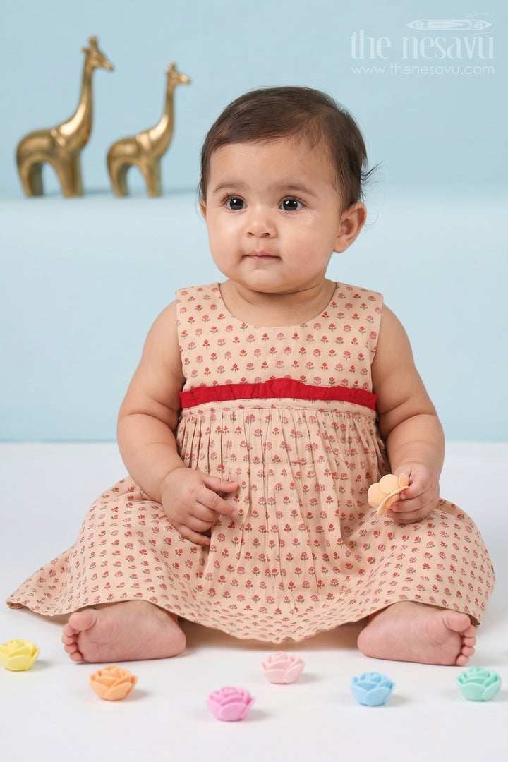 The Nesavu Baby Cotton Frocks Pink Monochrome Cotton Baby Frock with Mughal Motif Buttis and Pleats Nesavu 10 (NB) / Beige BFJ614A-10 Pink Monochrome Cotton Baby Frock with Mughal Motif Buttis and Pleats Nesavu