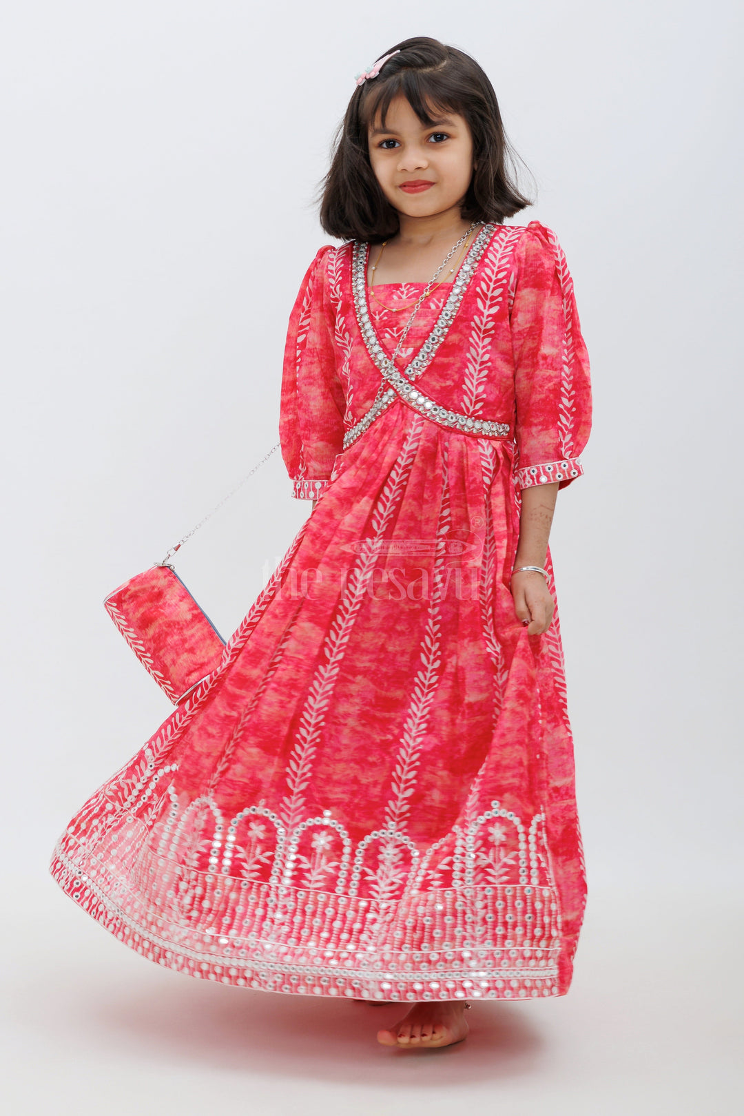 The Nesavu Girls Party Gown Pink Organza Silk Gown with Alia Cut and Mirror Lace Nesavu 24 (5Y) / Pink GA240A-24 Pink Organza Silk Gown with Alia Cut and Mirror Lace - Nesavu