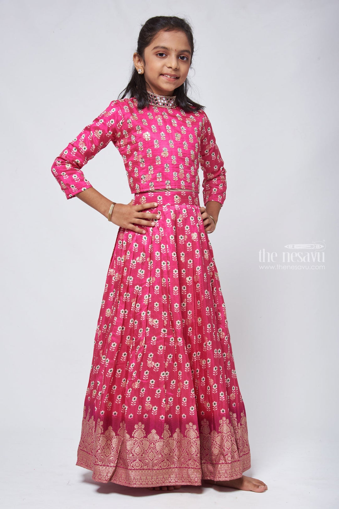 The Nesavu Lehenga & Ghagra Pink Panache Floral Canvas on Knife Pleated Banarasi Border Lehenga Gaghra for Graceful Girls Nesavu Party Wear Lehenga Choli | Lacha Choli For Kids | The Nesavu