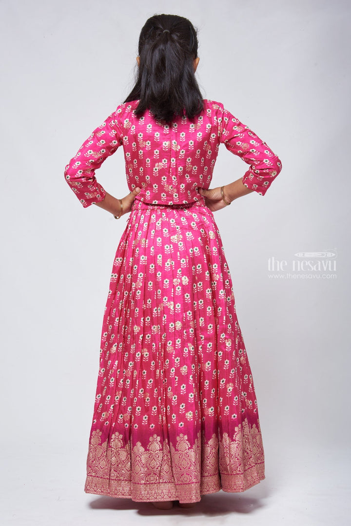 The Nesavu Lehenga & Ghagra Pink Panache Floral Canvas on Knife Pleated Banarasi Border Lehenga Gaghra for Graceful Girls Nesavu Party Wear Lehenga Choli | Lacha Choli For Kids | The Nesavu